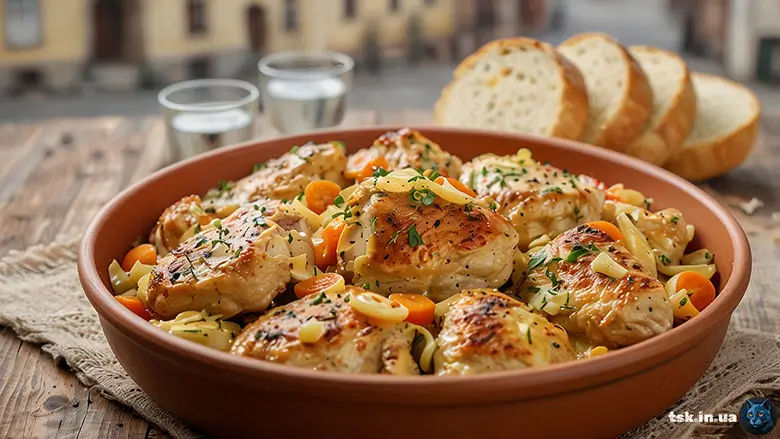 Фотографія страви під назвою Тушковане м’ясо з куркою та свининою у гірчично-часниковому соусі — ситна осіння страва