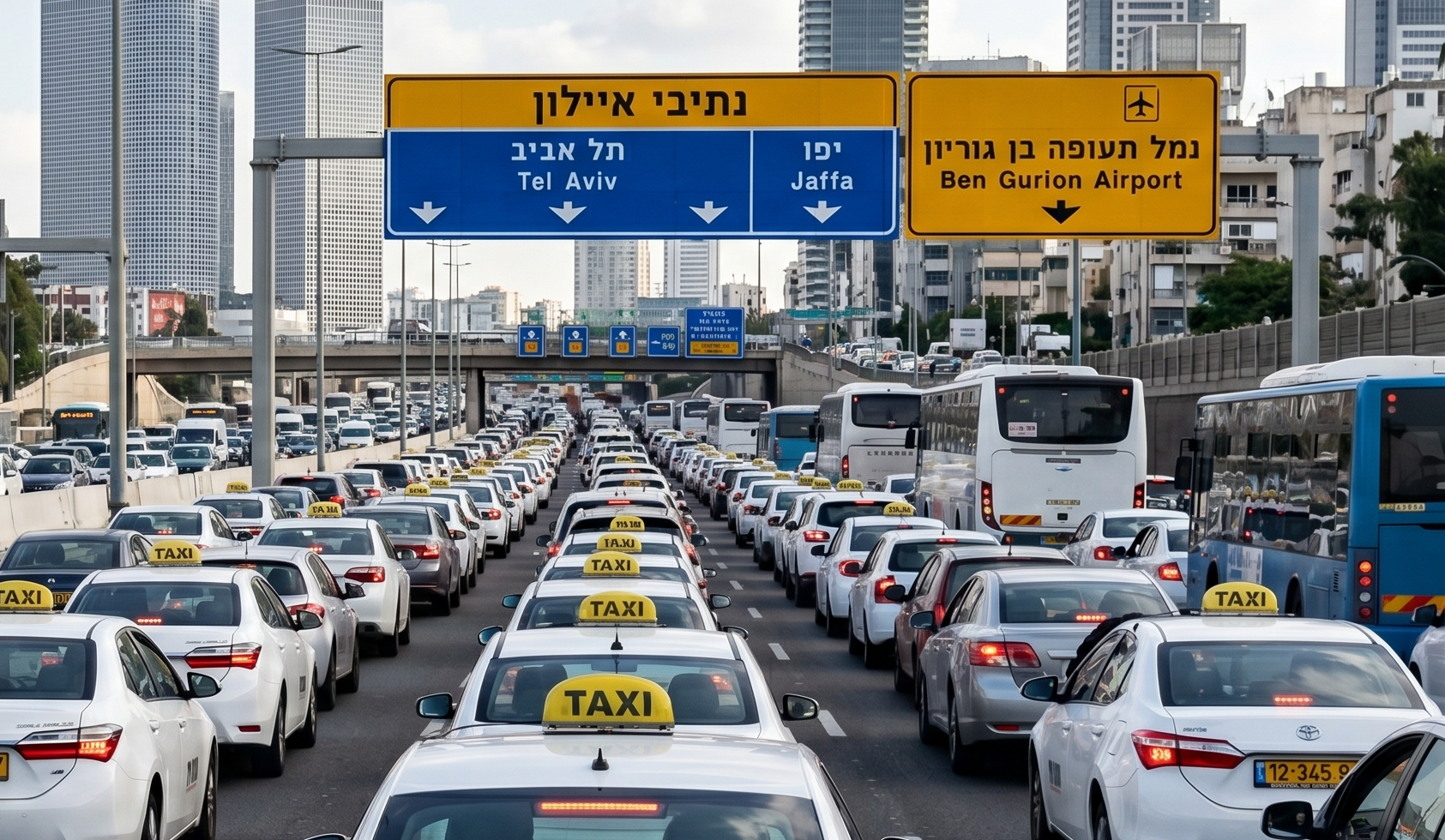 נהג מונית ישראלי ממתין ברמזור אדום בצומת עירוני סואן, הממחיש את חשיבות הציות ל חוקי תנועה. — תמונה שנוצרה בעזרת בינה מלאכותית
