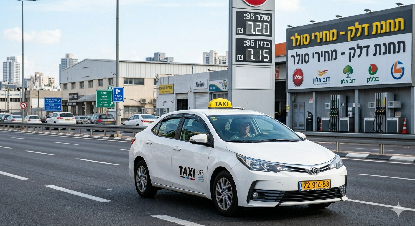 תחנת דלק מודרנית בישראל בשעת שקיעה, עם מונית מתדלקת ומסך המציג את מחירי דלק — תמונה שנוצרה בעזרת בינה מלאכותית