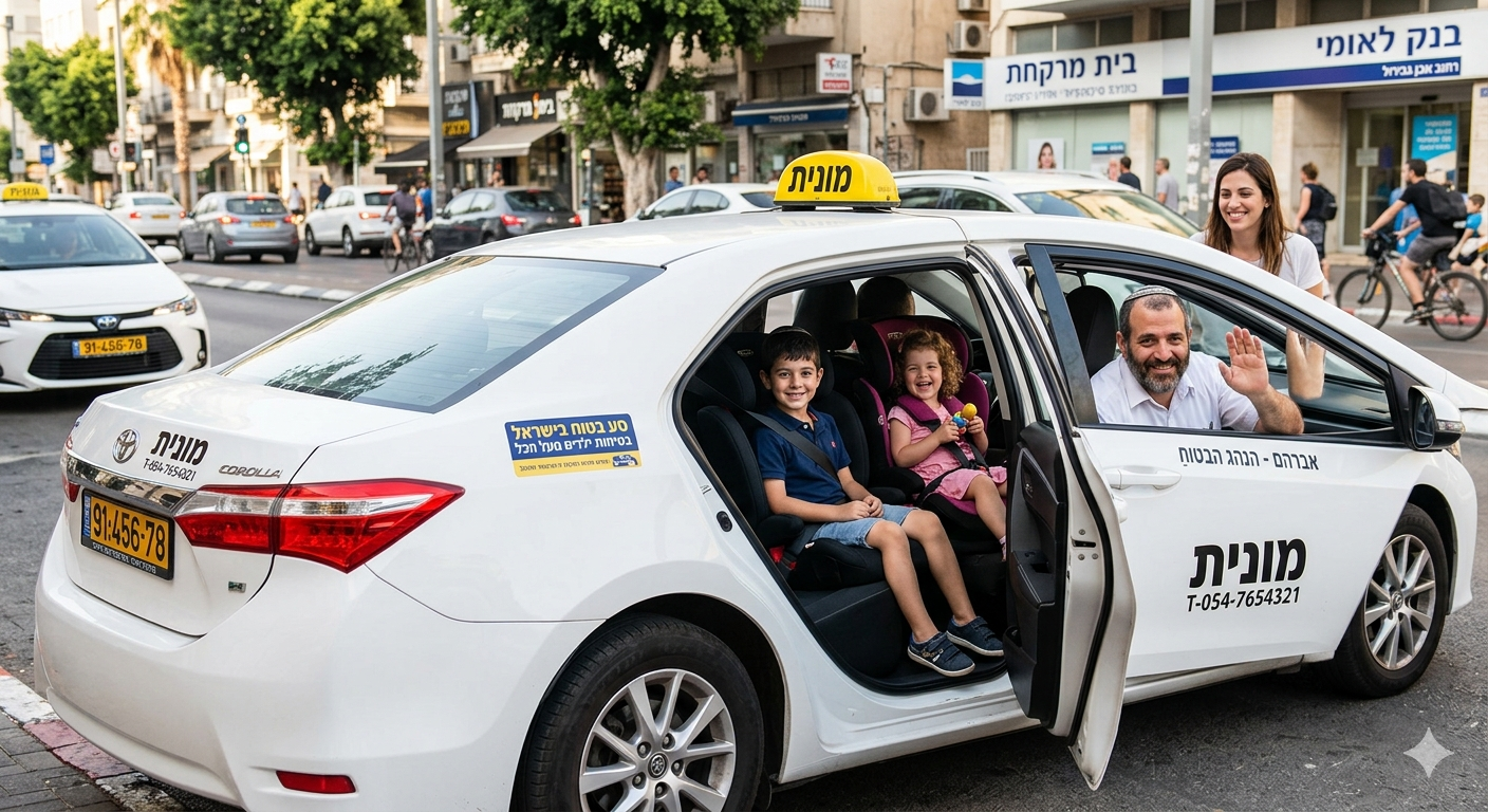 הזמנת מונית באמצעות אפליקציה בסמארטפון, על רקע נוף עירוני בישראל. — תמונה שנוצרה בעזרת בינה מלאכותית