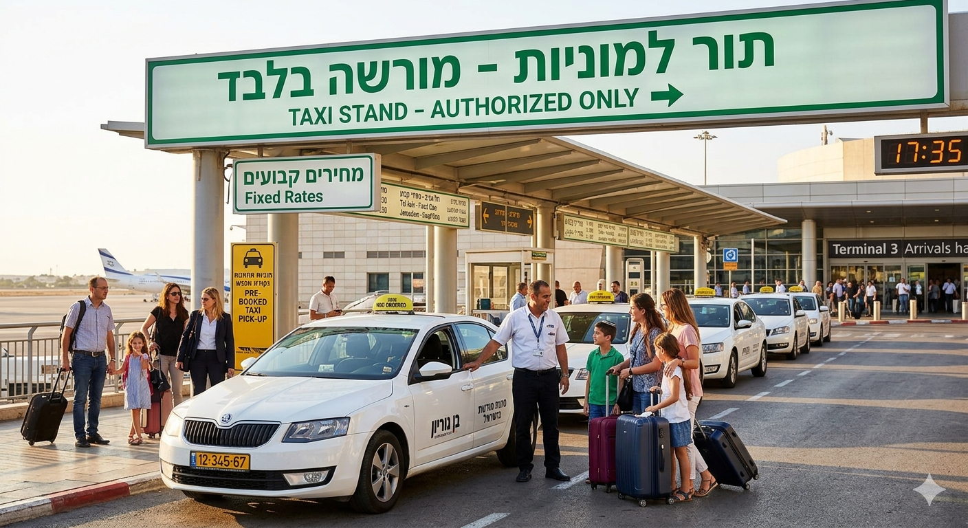 כניסה לטרמינל 3 בנתב"ג עם מגוון כלי רכב המבצעים נסיעות לנתב"ג. — תמונה שנוצרה בעזרת בינה מלאכותית