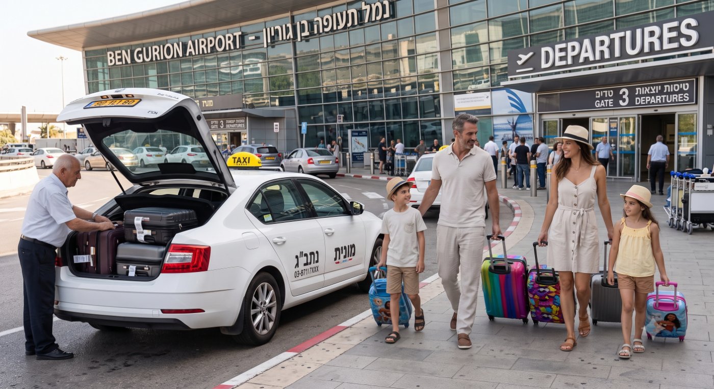 מונית ישראלית נוסעת בכביש בתנאי מזג אוויר שונים, הממחישים את הקשר בין מזג אוויר ונסיעות. — תמונה שנוצרה בעזרת בינה מלאכותית