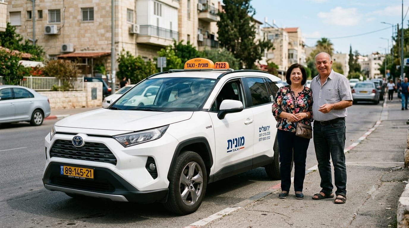 מונית ישראלית נוסעת בגשם כבד, ממחישה את הקשר בין מזג אוויר ונסיעות. — תמונה שנוצרה בעזרת בינה מלאכותית