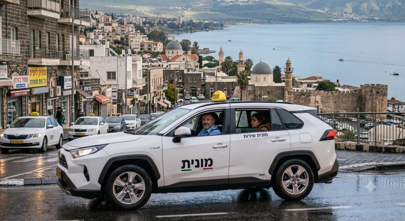 מונית חשמלית אוטונומית בכביש עירוני, מדגימה את עתיד חידושי רכב בתחבורה — תמונה שנוצרה בעזרת בינה מלאכותית