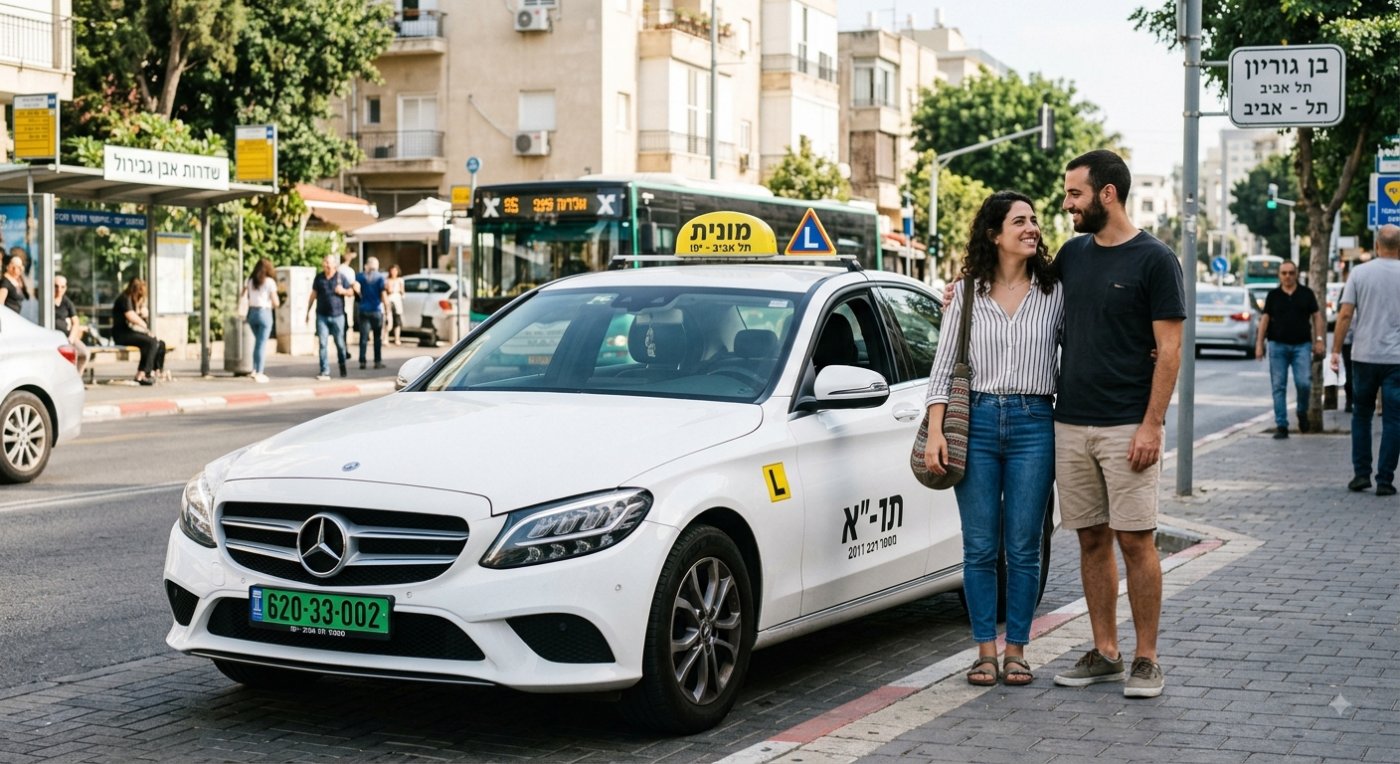 נוסעים מגיעים לנתב"ג בדרכי תחבורה שונות, כולל מוניות, אוטובוסים ורכבת, בשעות הבוקר המוקדמות. — תמונה שנוצרה בעזרת בינה מלאכותית