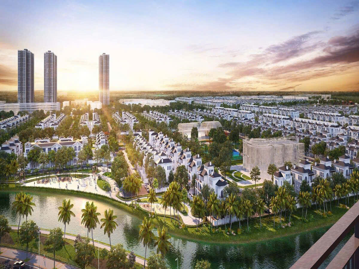 <img src="duong-dan-hinh-anh.png" alt="Toàn cảnh khu đô thị Vinhomes Green City với biệt thự liền kề sang trọng, cây xanh bao phủ, sông nhân tạo uốn lượn và ba tòa căn hộ cao tầng hiện đại nổi bật dưới ánh hoàng hôn.">