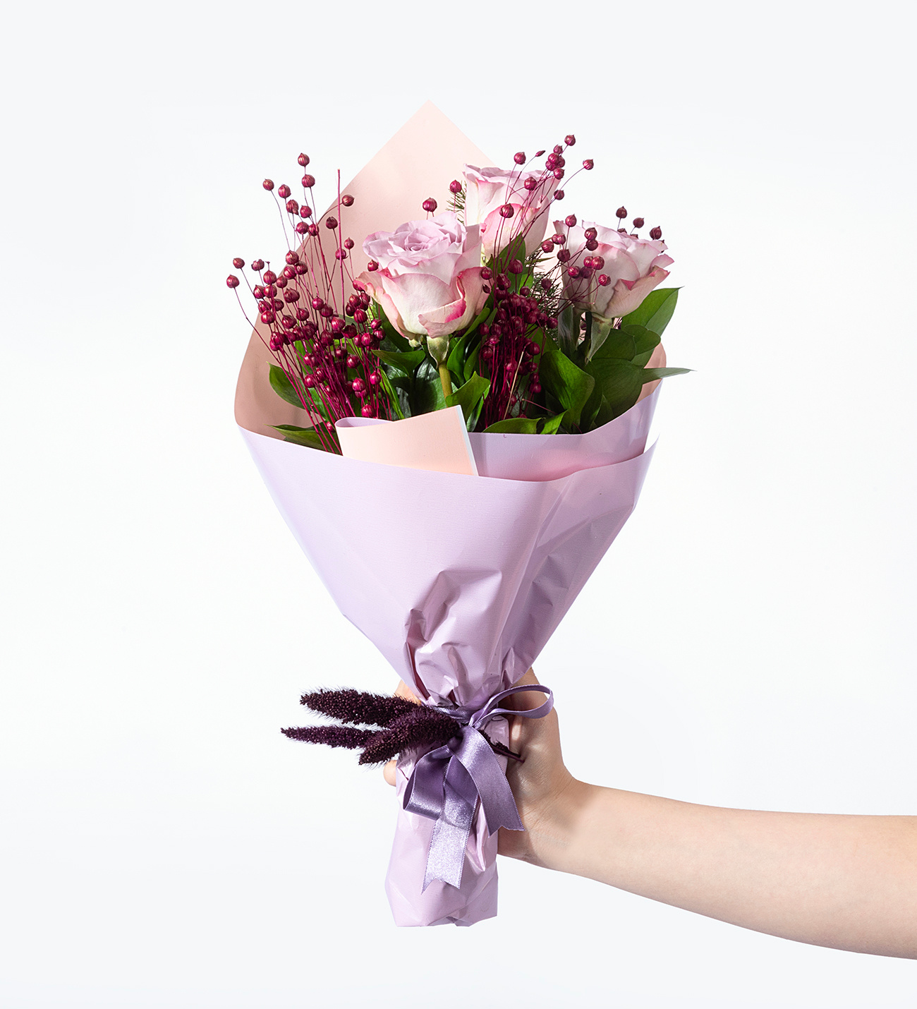 Lila Pembe Bukette 3 Lila Gül ve Mor Luna