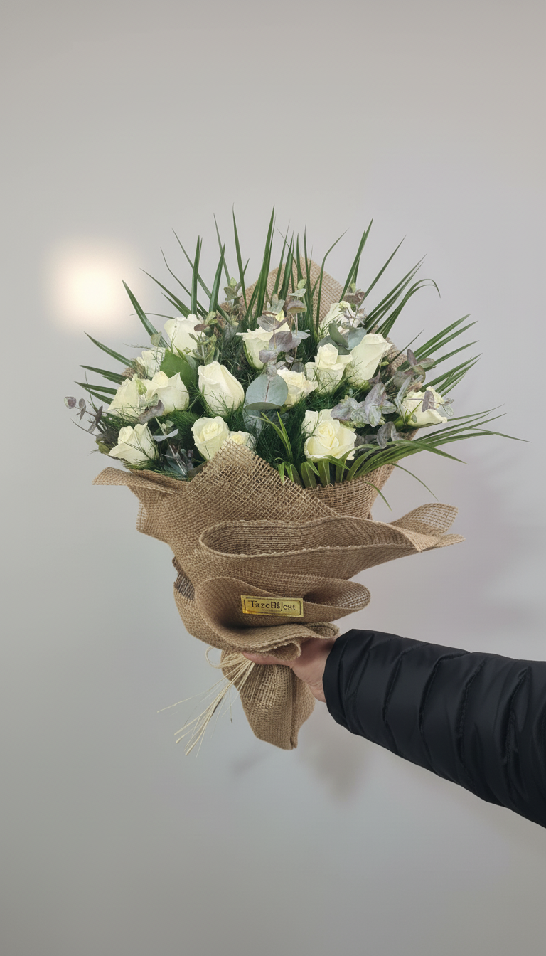 Çuval Kumaşı İle Süslenmiş 25 Adet Beyaz Gül Buketi