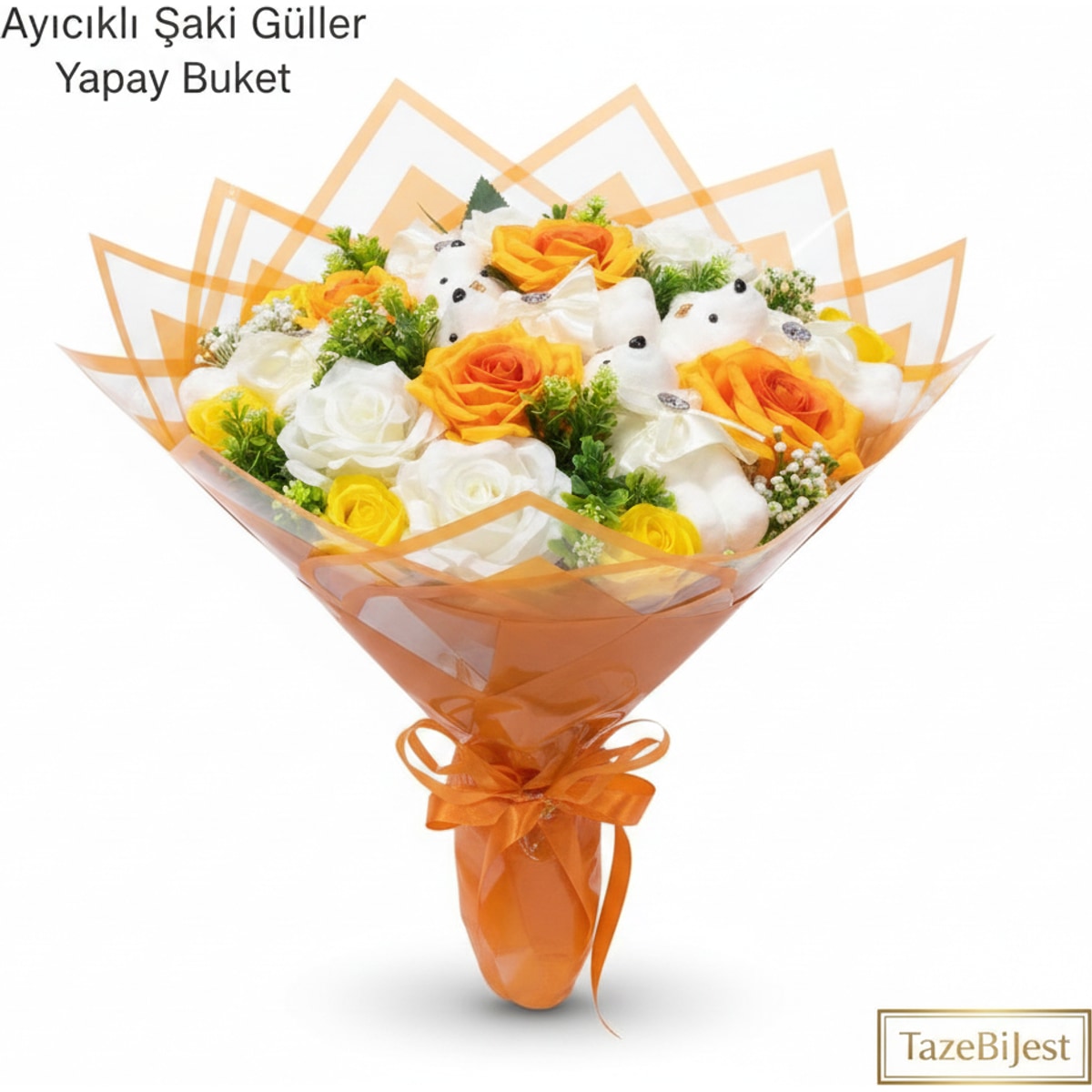 Ayıcıklı Şaki Güller Yapay Buket - Canlı görünümlü Şaki Güller ile Süslenmiş Buket