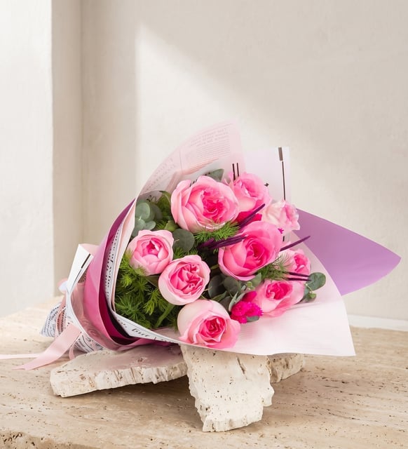 Lila Pembe Bukette 9'lu Pembe Gül