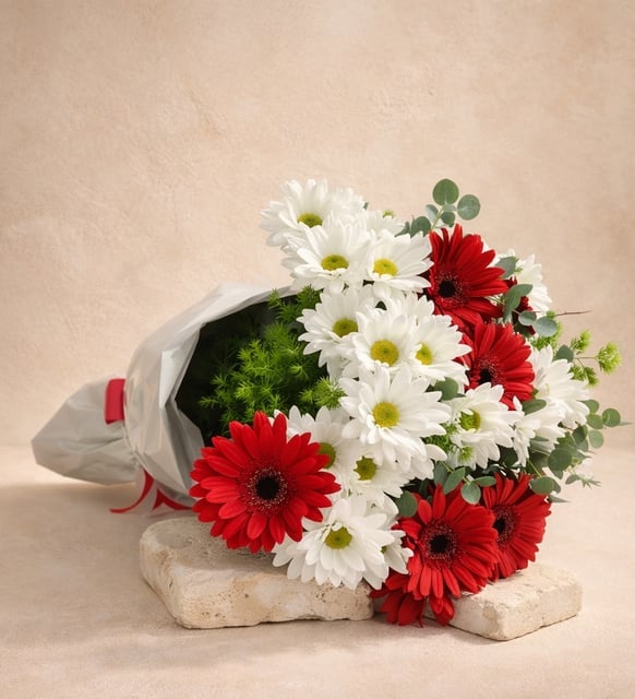 Beyaz Bukette Beyaz Papatya ve Kırmızı Gerbera