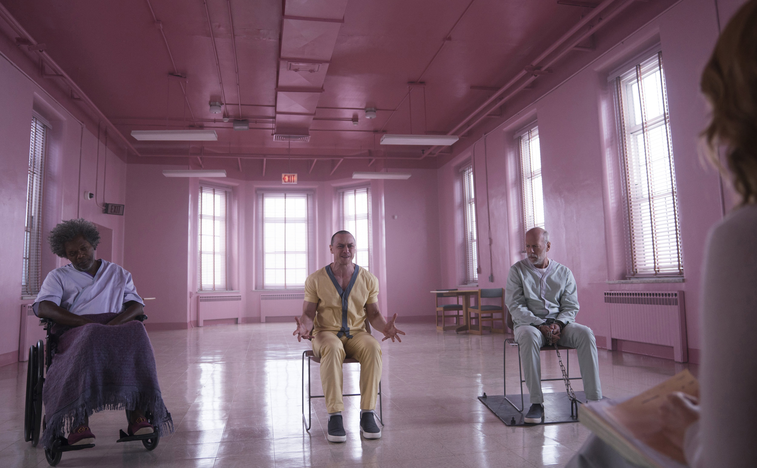 James McAvoy, Bruce Willis, and Samuel L. Jackson in Glass