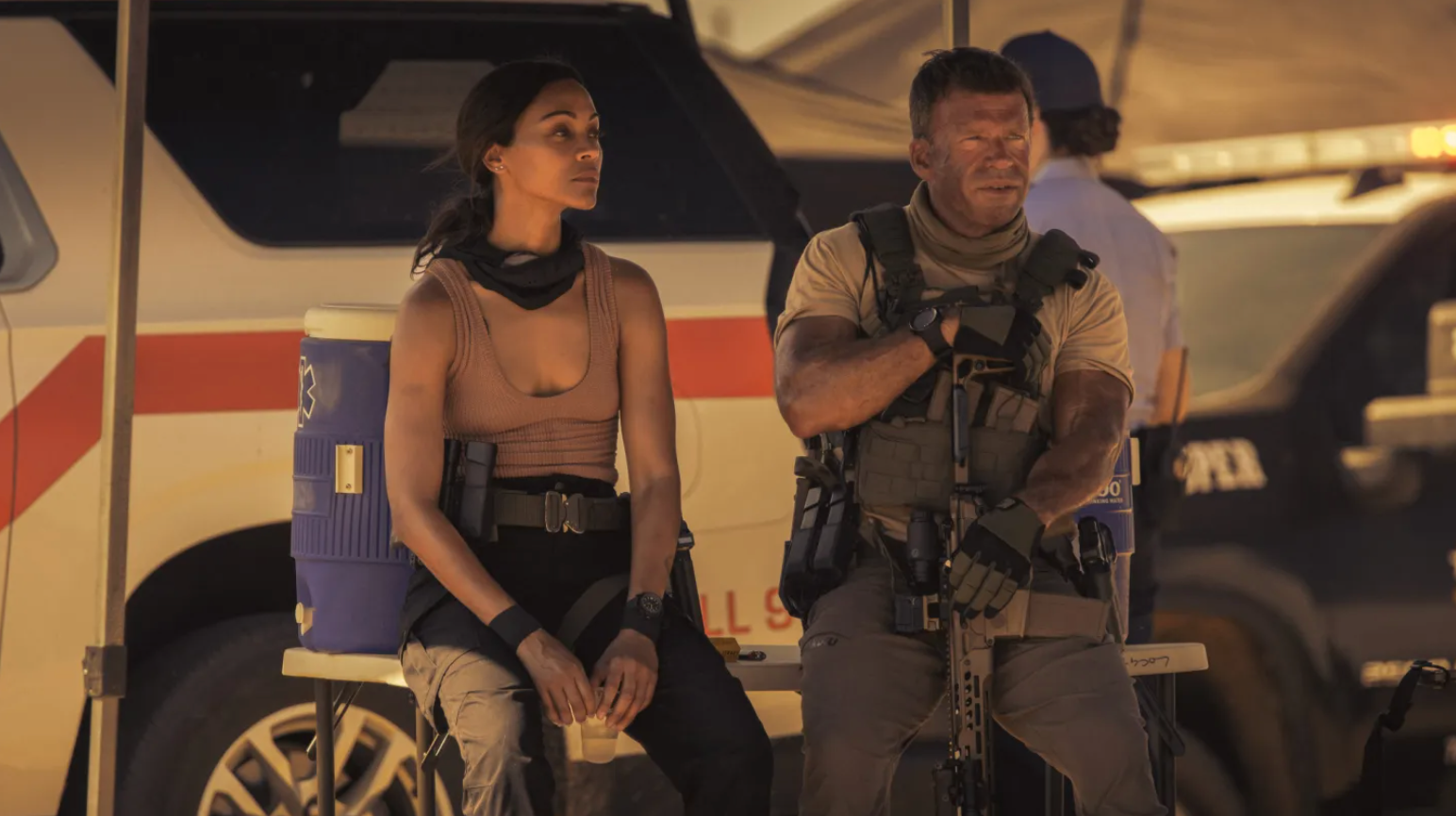 Zoe Saldaña and Taylor Sheridan in Lioness