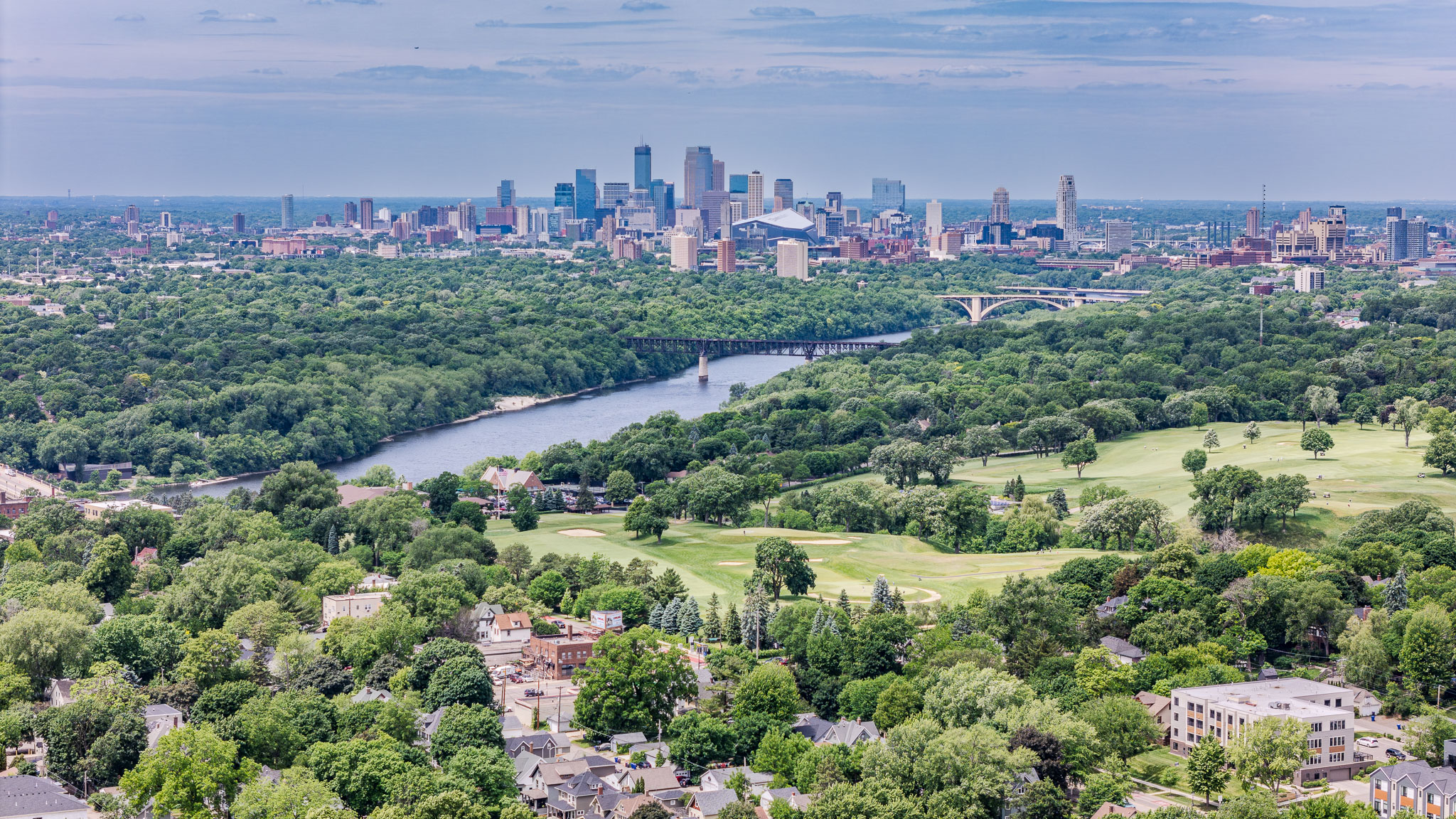 Aerial view over the Minneapolis skyline and the river