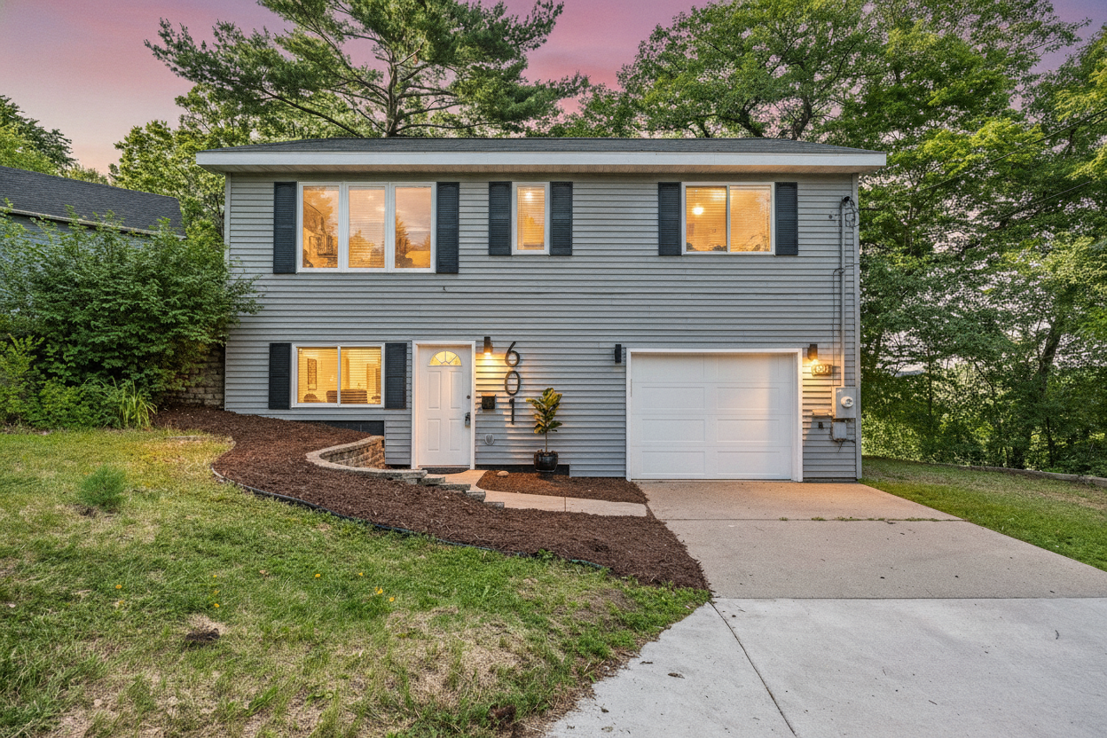 Twilight exterior of a Twin Cities home with a pink and purple sky