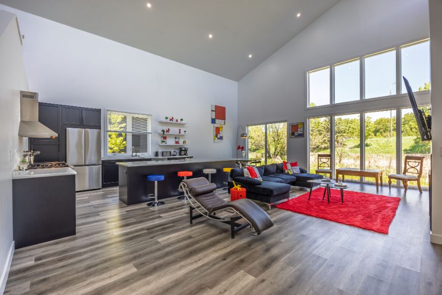 A vaulted living room lit by a wall of windows, photographed in natural light