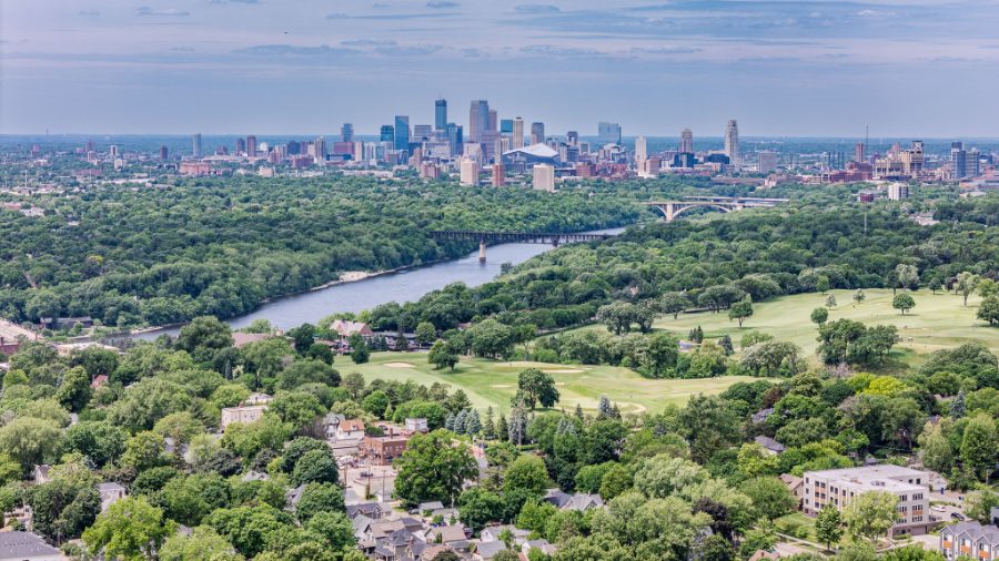 Aerial view over the Minneapolis skyline