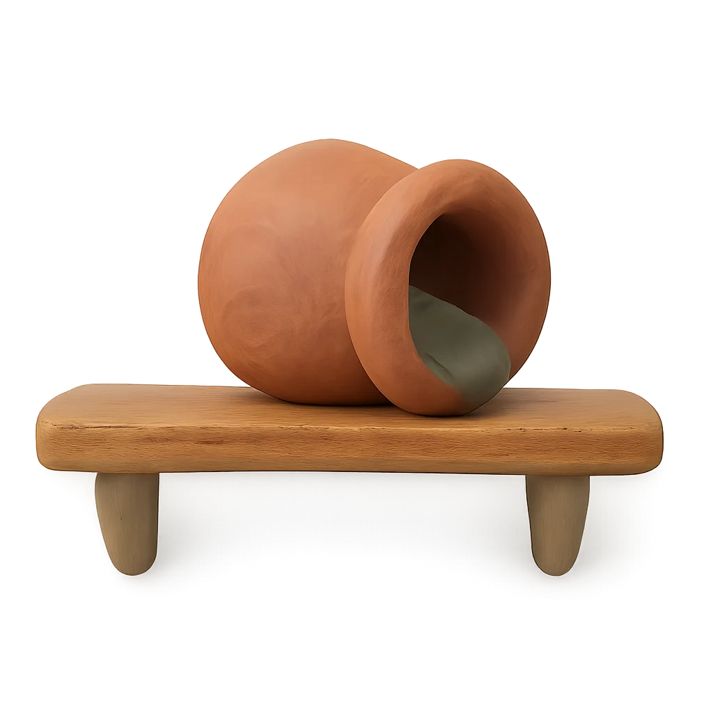 An empty clay shelf with one small pot tipped on its side.