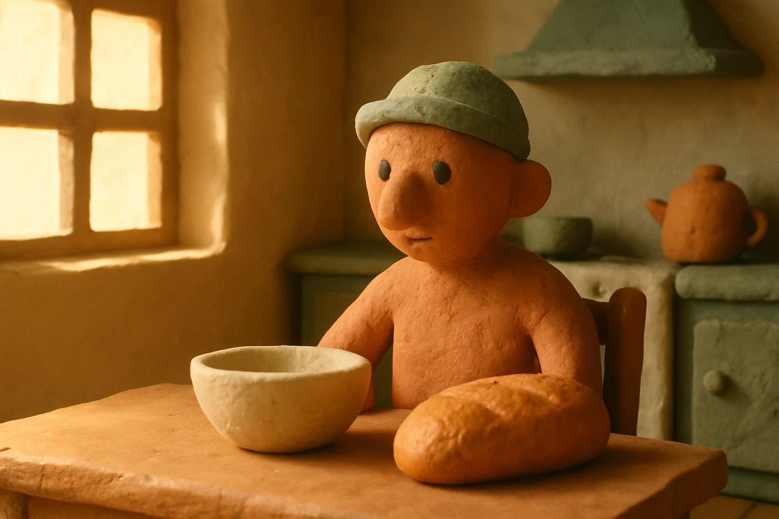A clay kitchen in morning sun, a table with a bowl and bread.