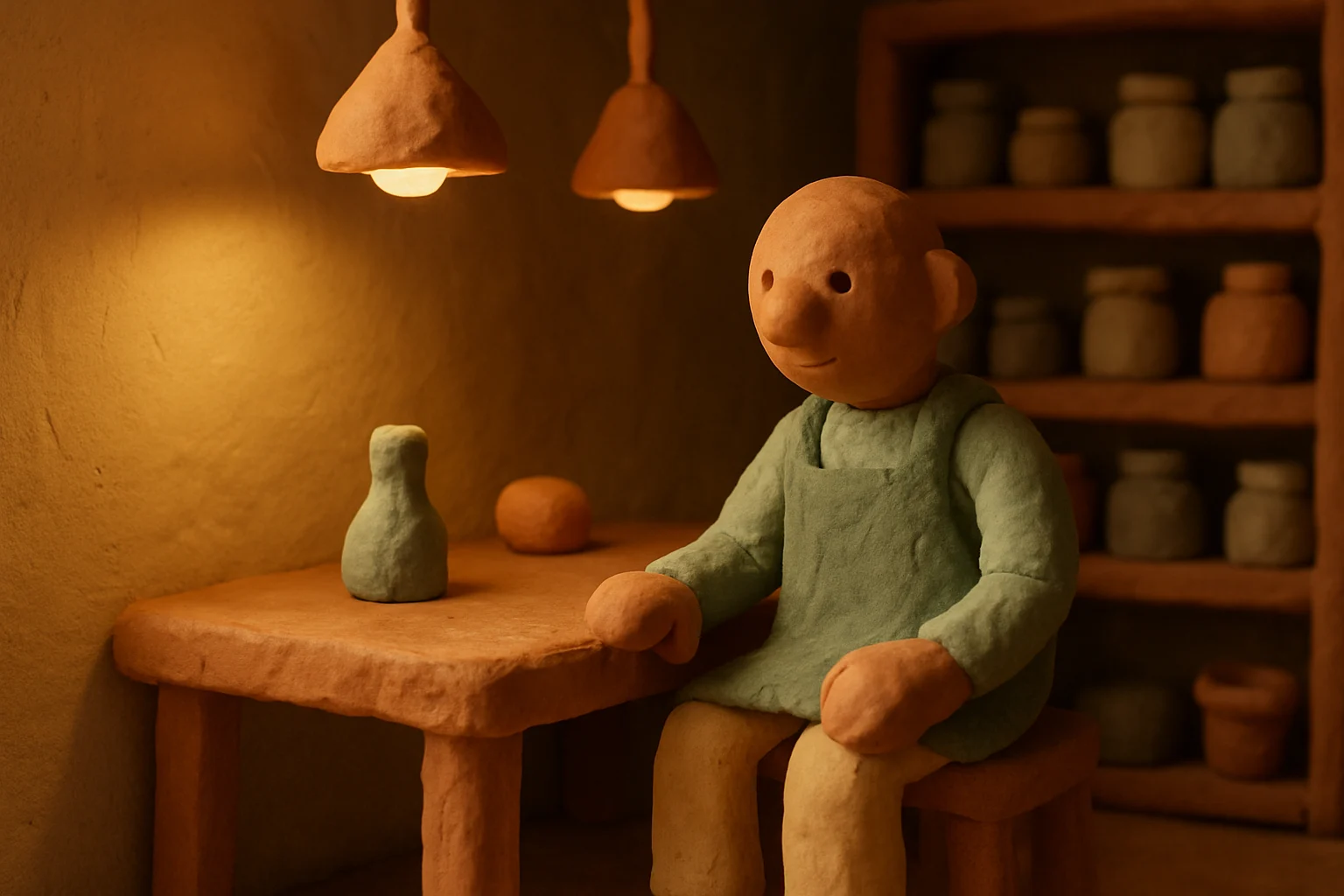 A warm clay workshop at night, lamps lit, the left side in shadow.