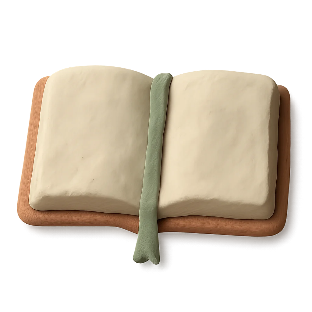 An open clay book with blank pages and a ribbon marker.