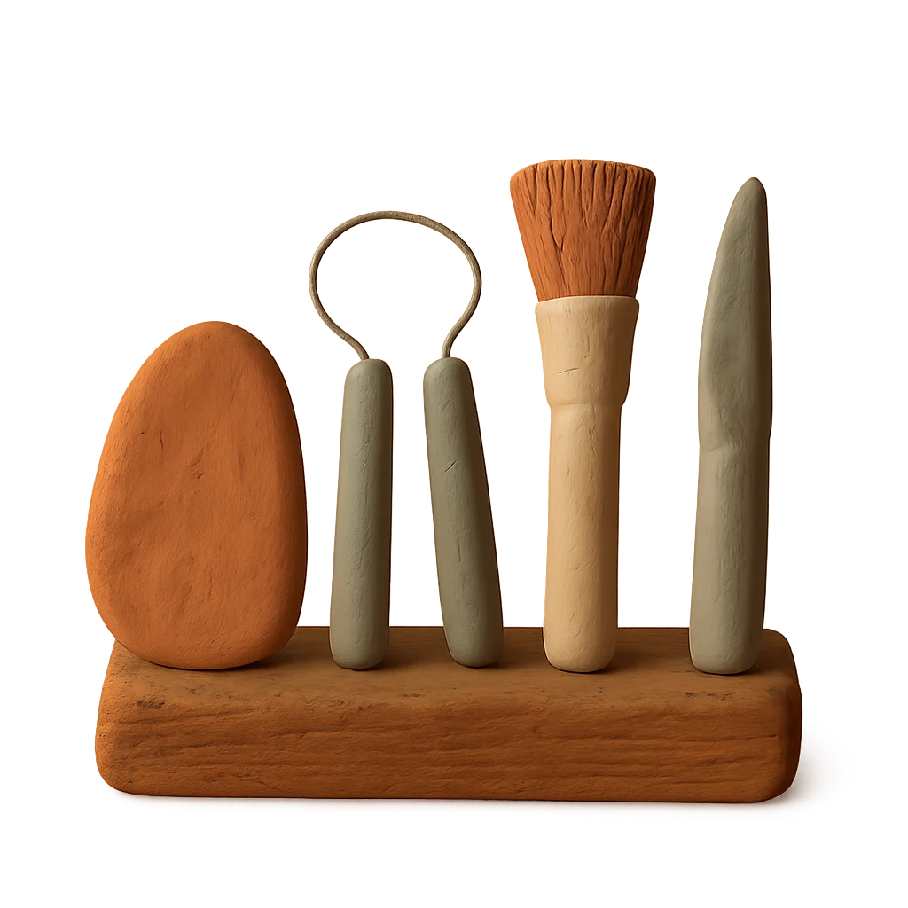 A row of small clay hand tools on a workbench.