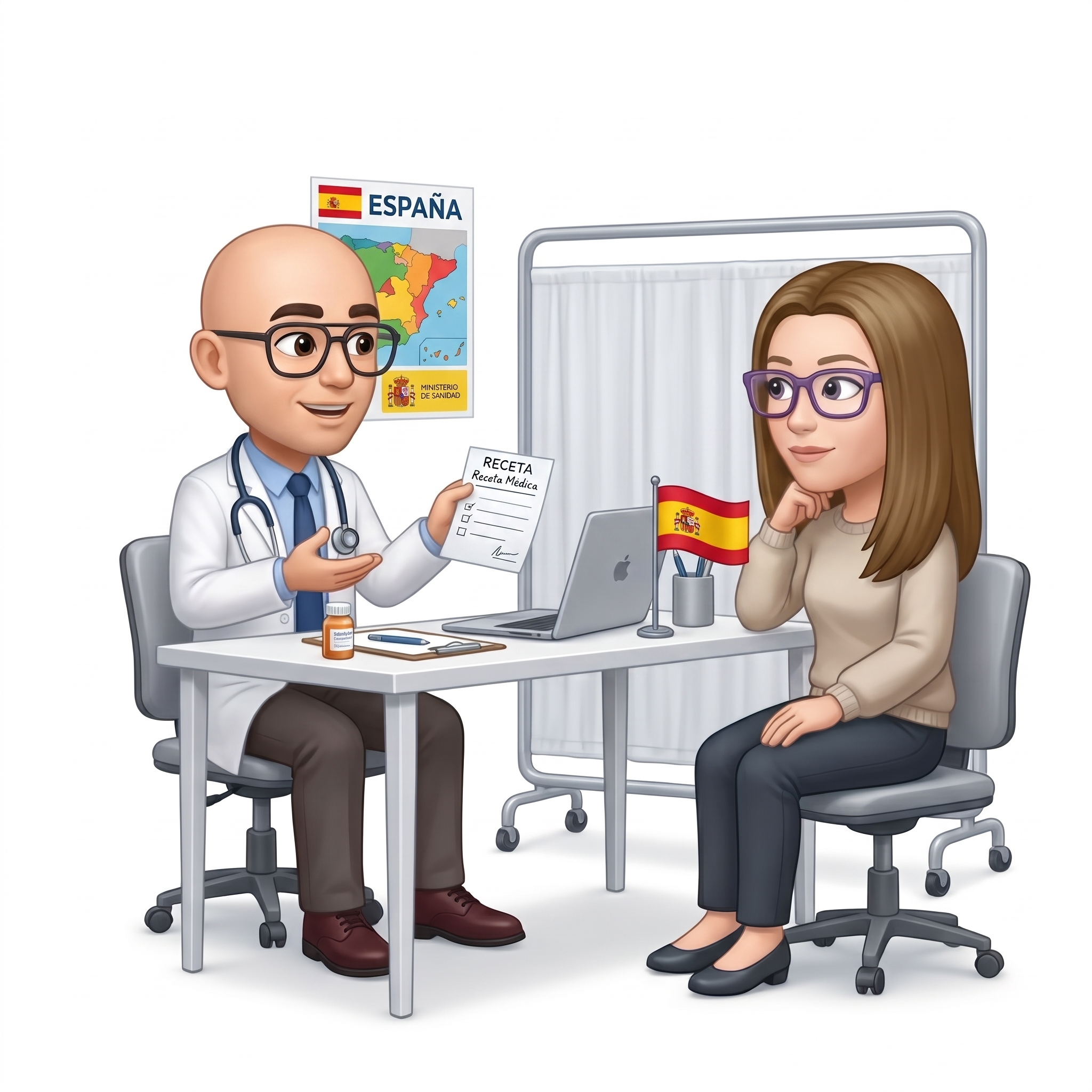 Spanish medical specialist presenting an official medical cannabis prescription (Receta Médica) to a patient in a consultation clinic