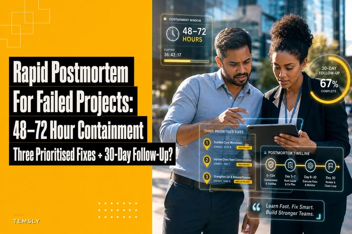 Rapid Postmortem Template for Failed Projects: 48–72 Hour Containment, Three Prioritised Fixes and a 30‑Day Follow‑Up Plan
