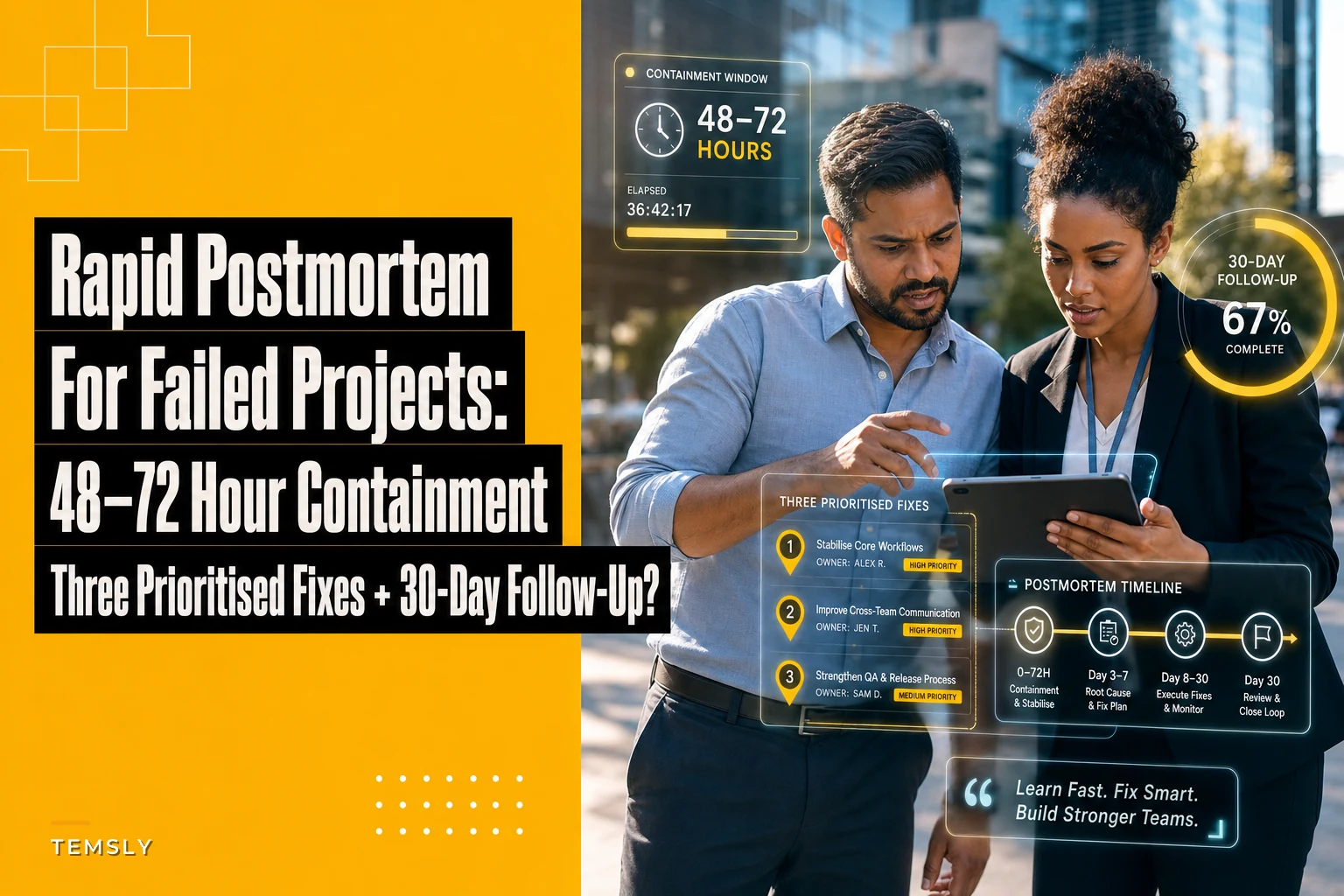 Rapid Postmortem Template for Failed Projects: 48–72 Hour Containment, Three Prioritised Fixes and a 30‑Day Follow‑Up Plan