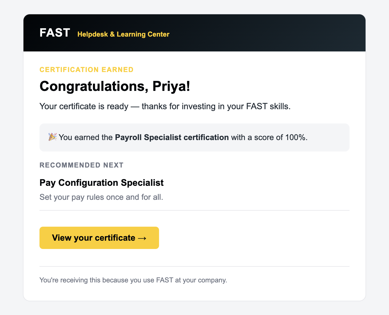 Sample certification-earned email from FAST