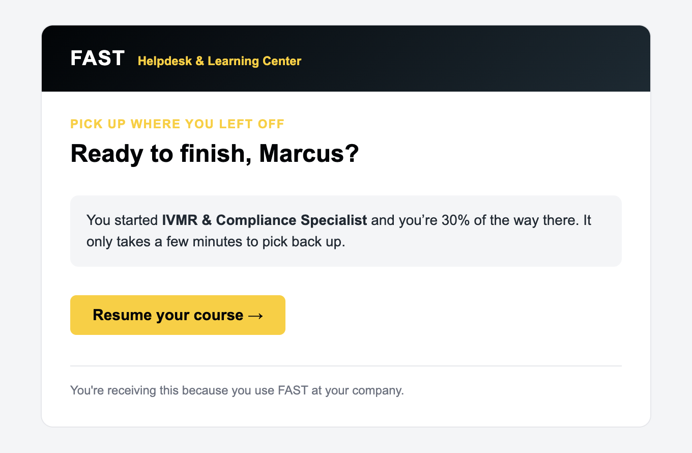 Sample course-stalled reminder email from FAST