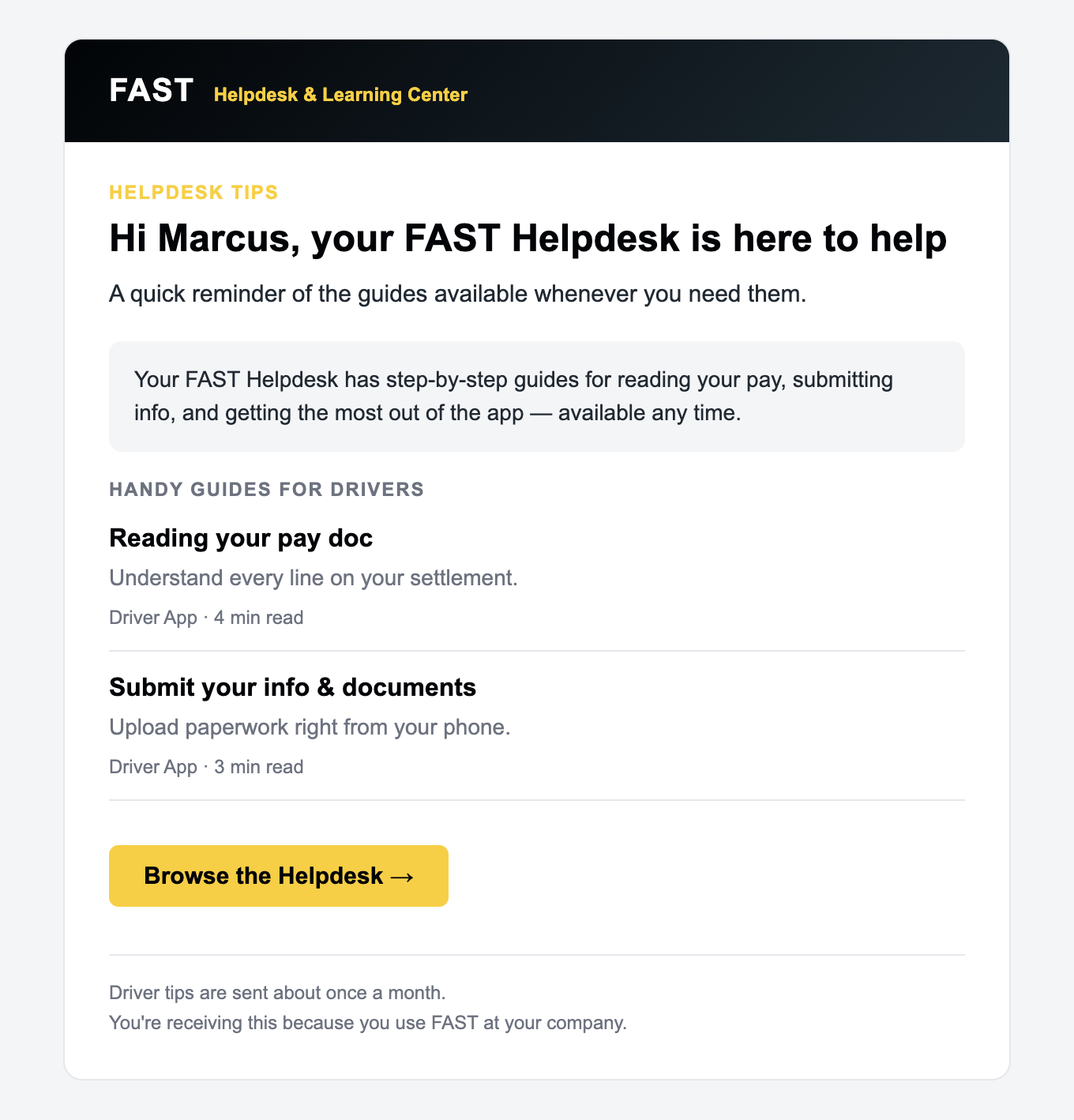 Sample driver reminder email from FAST