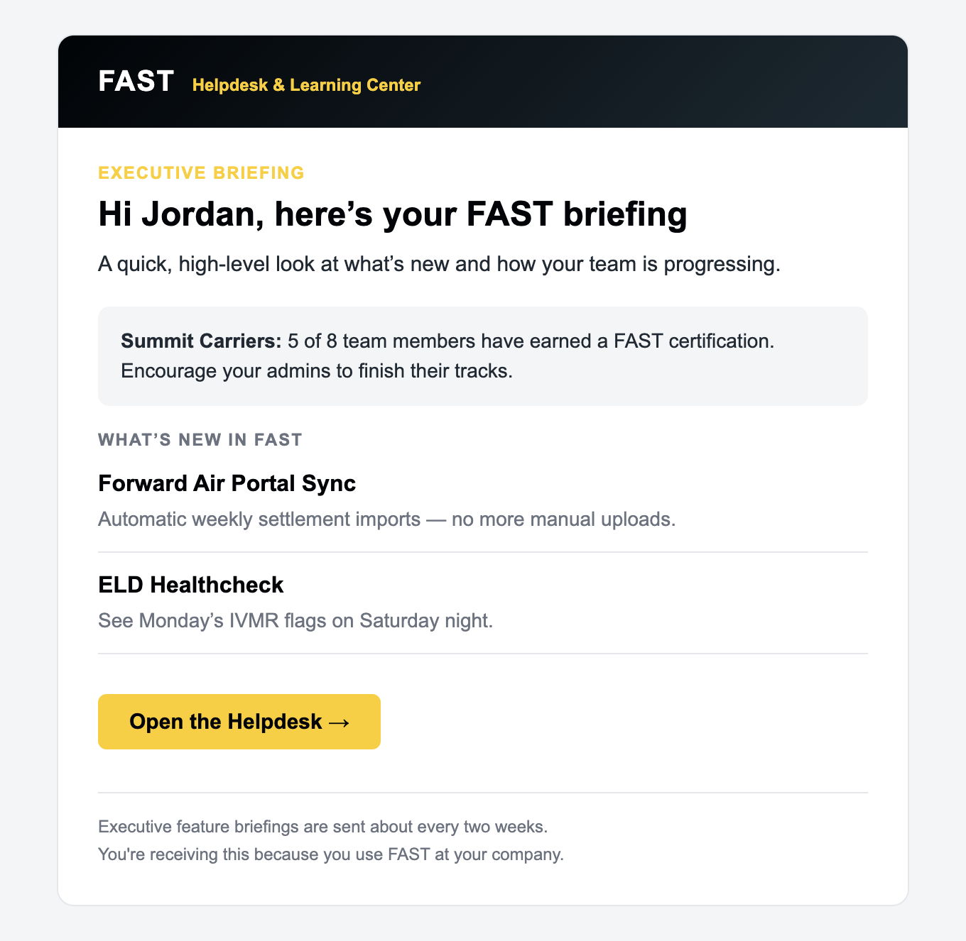 Sample Executive briefing email from FAST
