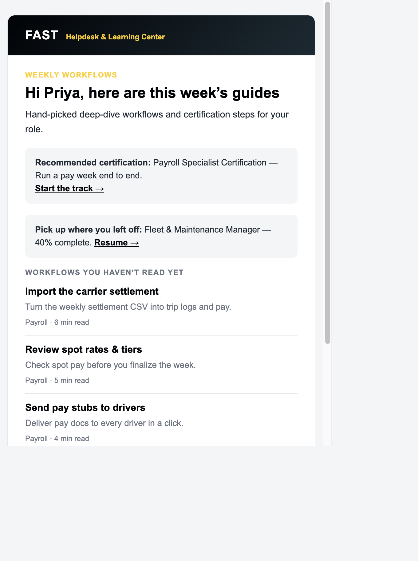 Sample weekly specialist digest email from FAST