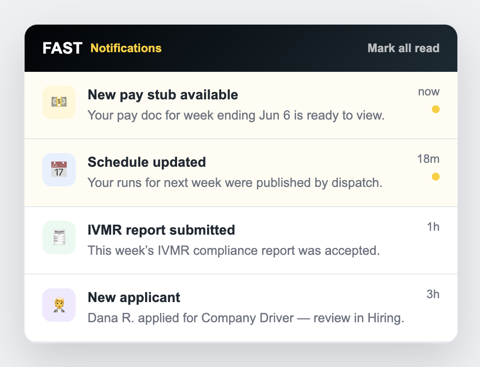 The FAST in-app notification center