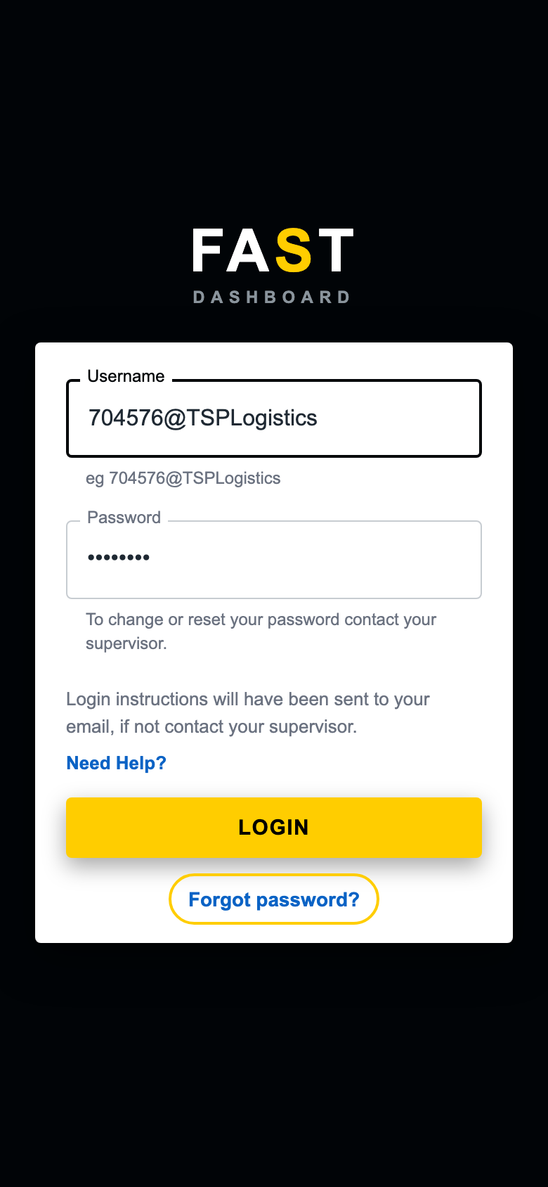 Driver app login screen showing the Forgot password link