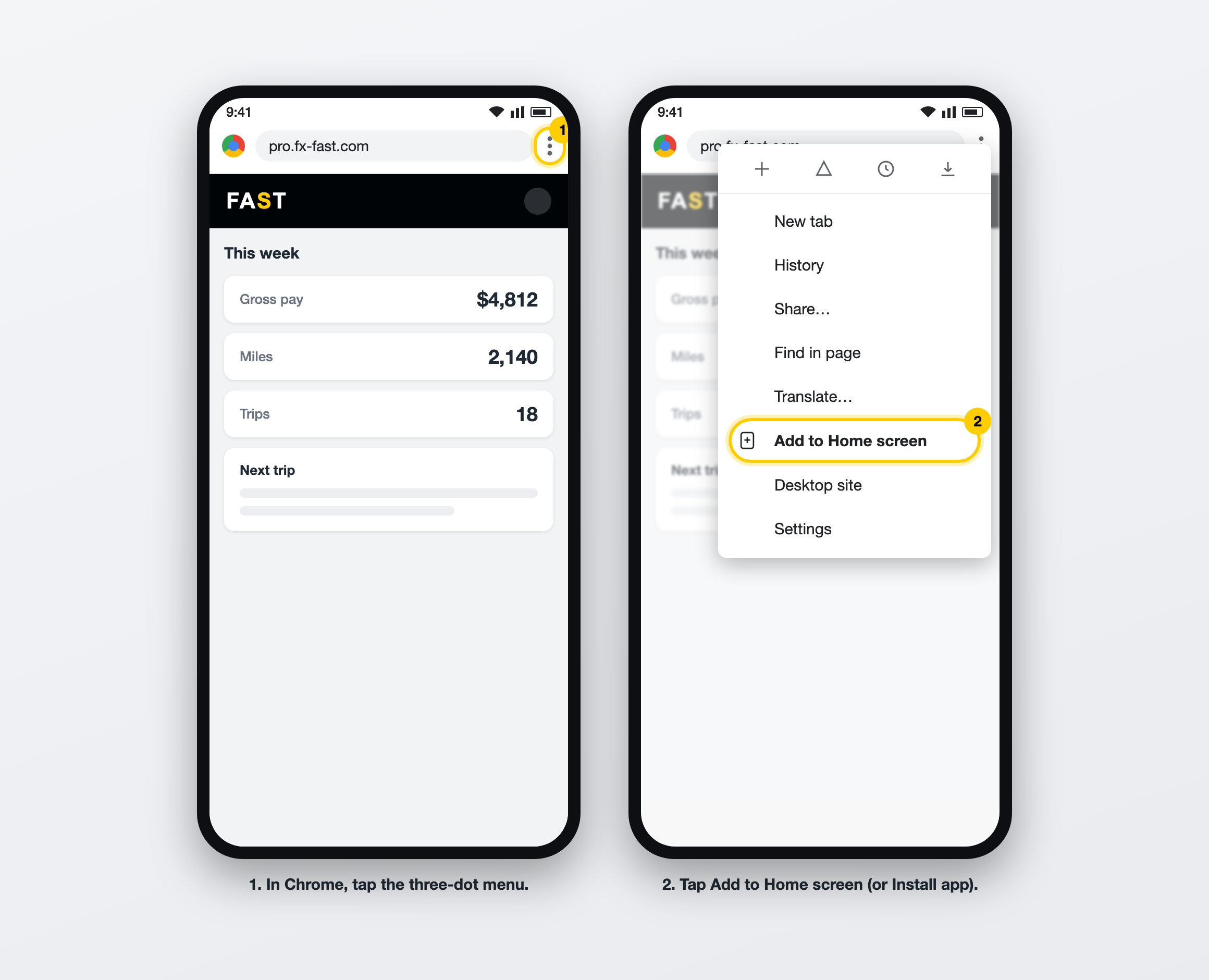 The Chrome three-dot menu and the Add to Home screen option on Android