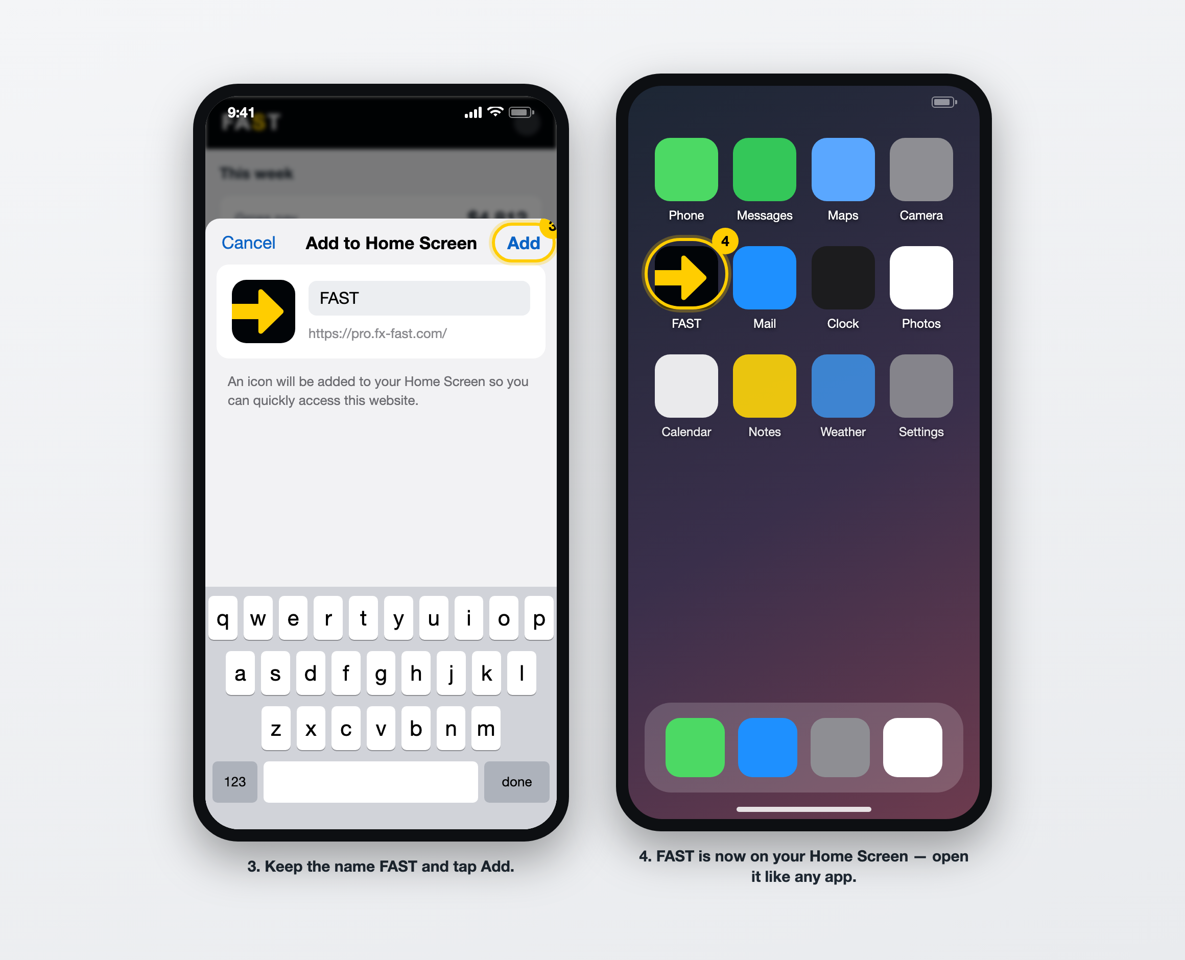 The Add to Home Screen sheet and the FAST icon on an iPhone home screen