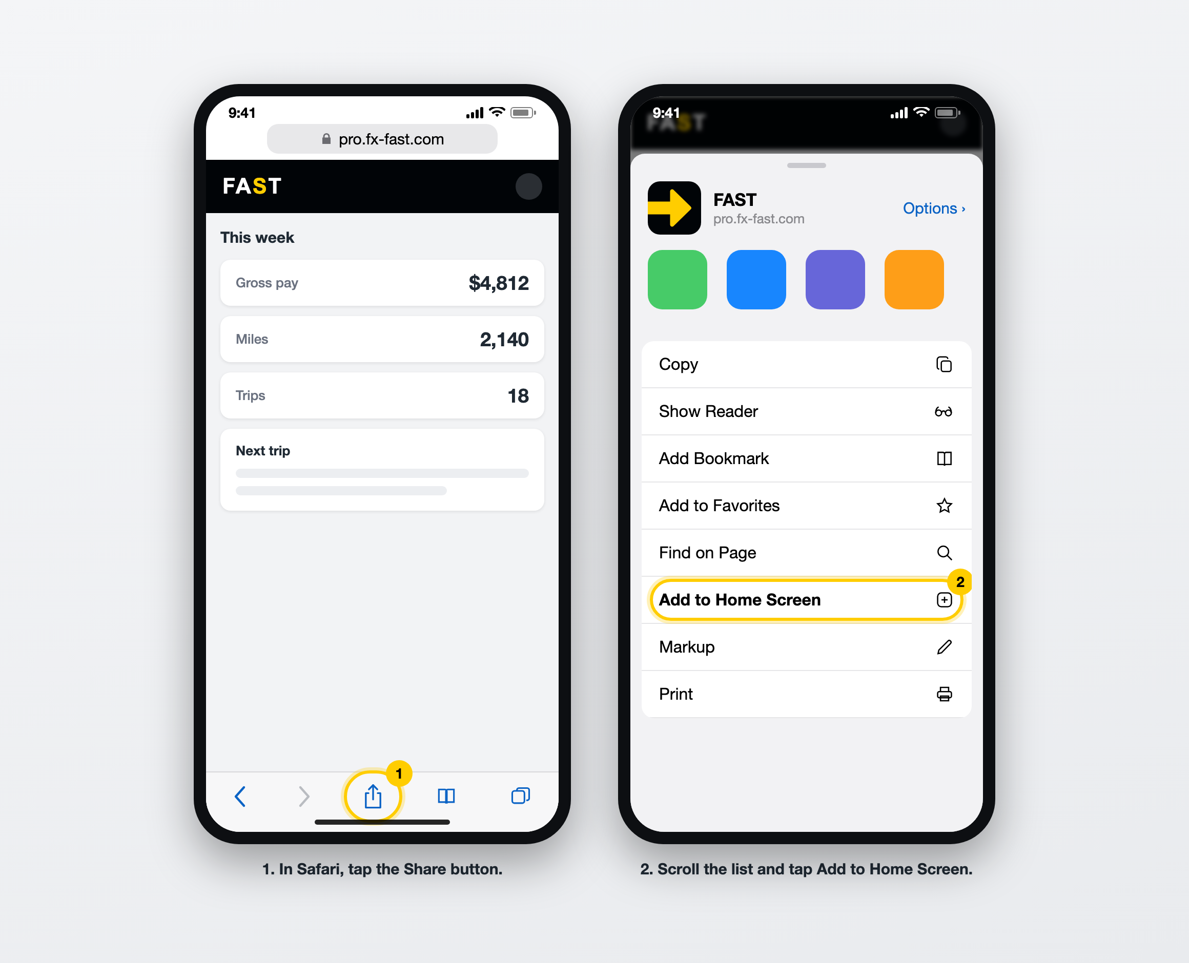 Safari share button and the Add to Home Screen option on iPhone