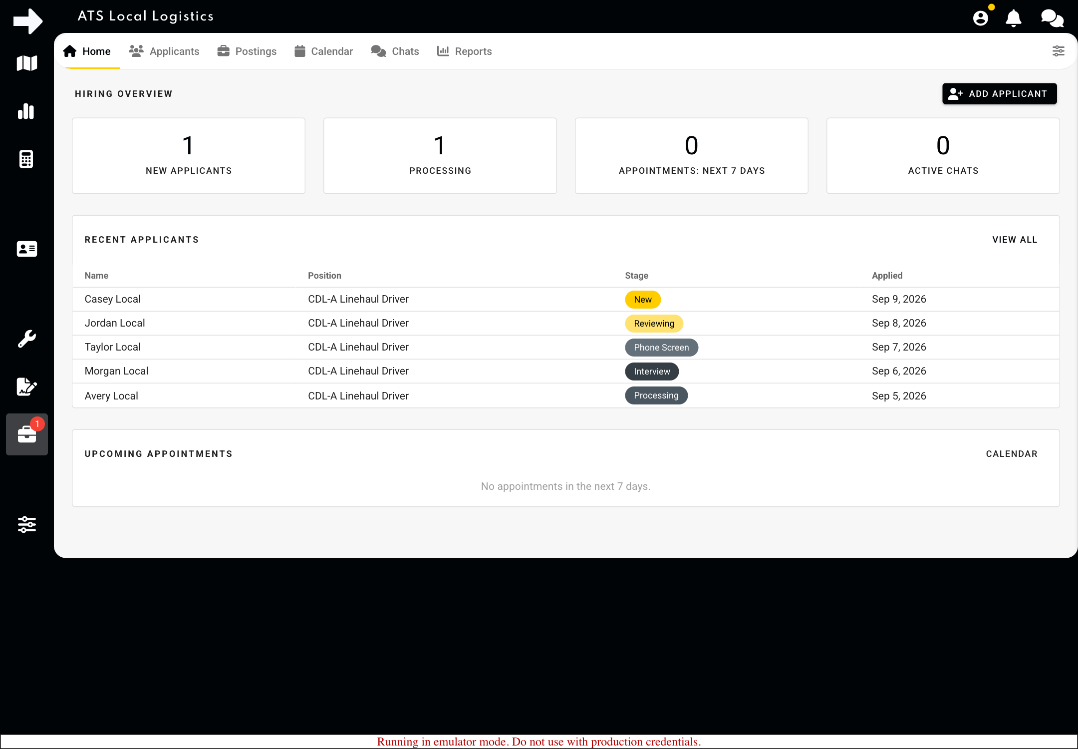 Hiring Home with the shared navigation and action queues. All records shown are sample data.