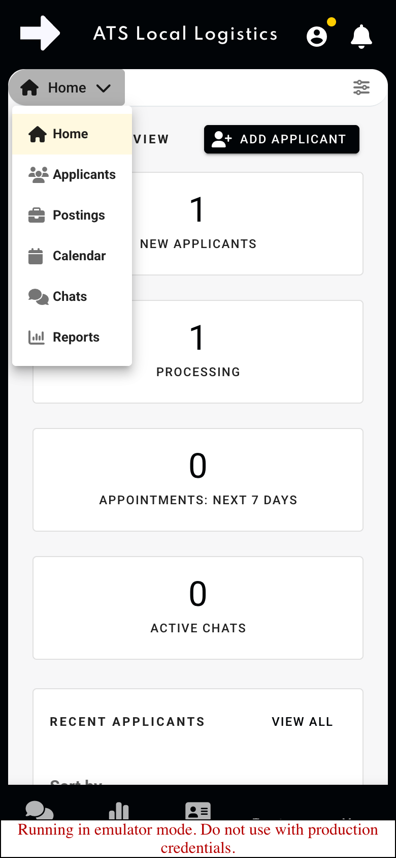On a phone, the current-view menu provides the same six Hiring destinations. Sample account.