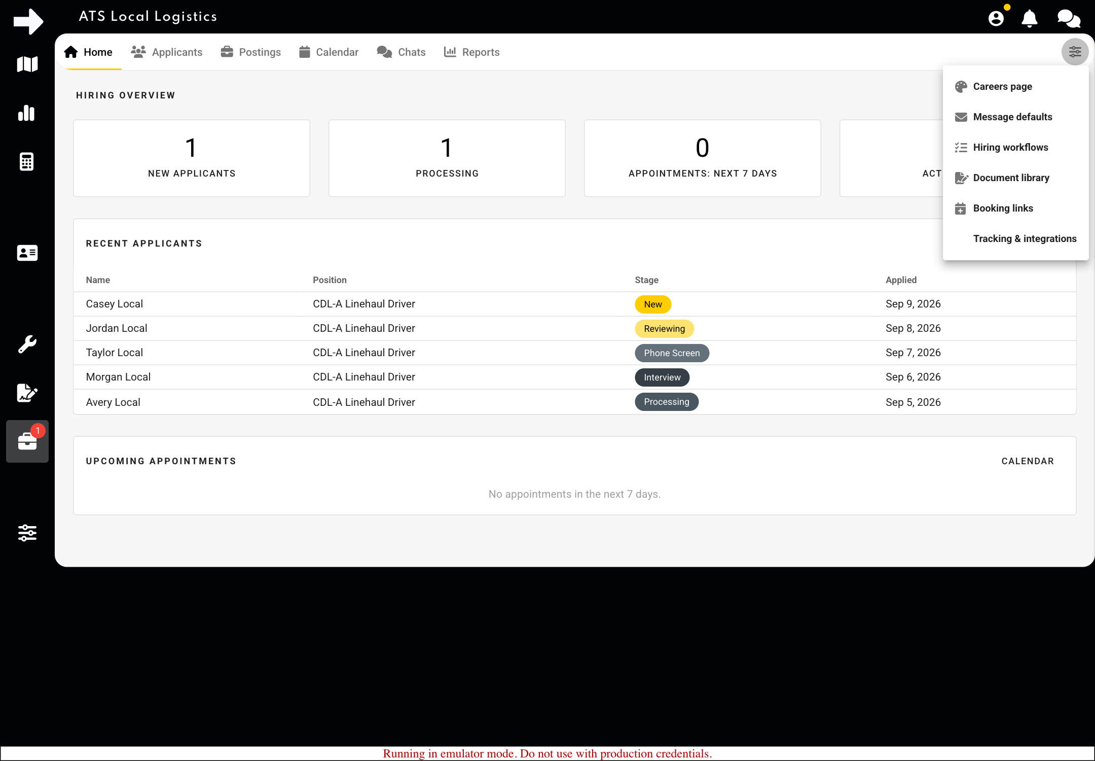 The Hiring settings menu groups workflow, document, booking and message tools. Sample administrator account.