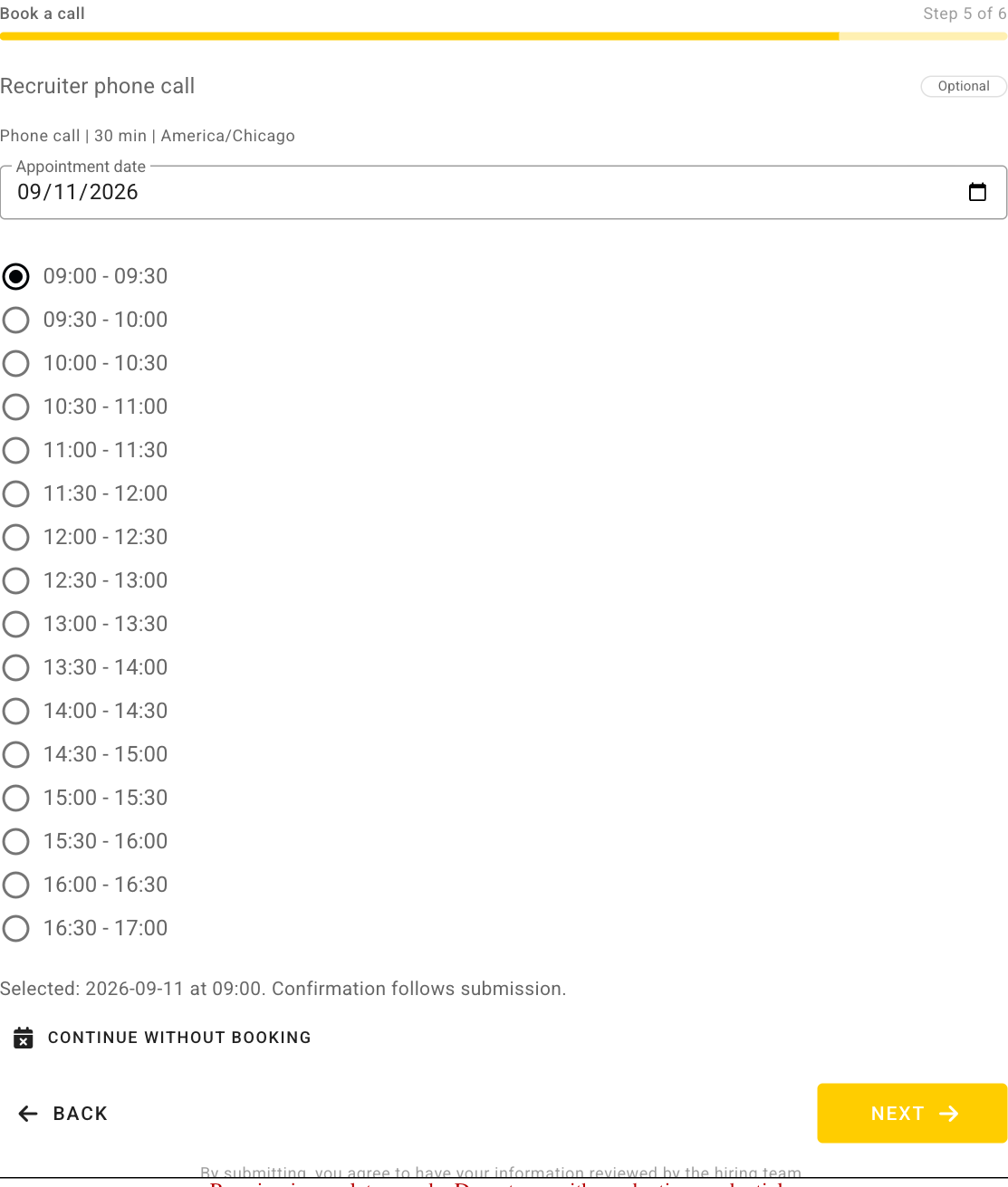 Optional booking inside a configured application. A selected time is not reserved until final submission.