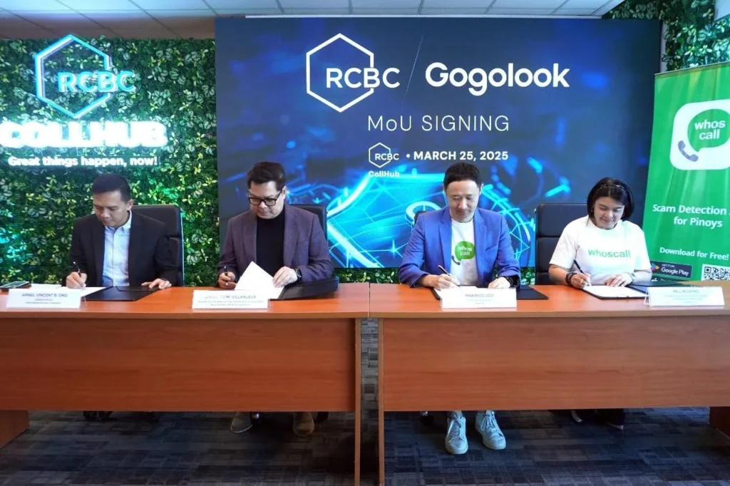 IN PHOTO: (From left to right) Arniel Vincent B. Ong, President and CEO of RCBC Bankard Services Corporation; Lito Villanueva, Executive Vice President and Chief Innovation and Inclusion Officer at RCBC; Gogolook’s Chief Operating Officer (COO), Manwoo Joo; and Gogolook Philippines Country Head Mel Migriño during the partnership signing at Yuchengco Centre in BGC Taguig City.