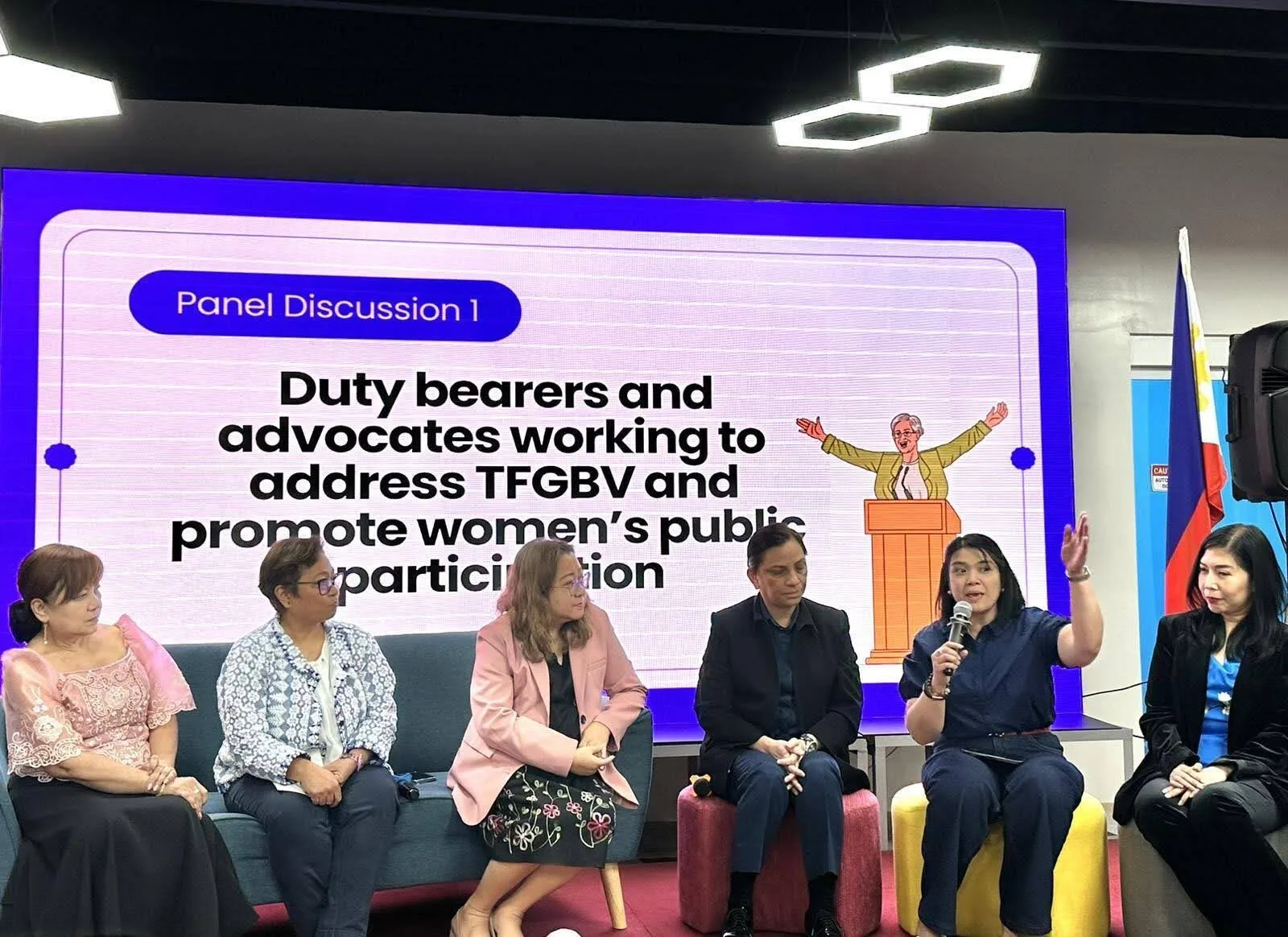 IN PHOTOS (left to right): Ermelita Valdeavilla of the Philippine Commission on Women; Foundation for Media Alternatives Executive Director Liza Garcia; DICT Undersecretary for ICT Industry Development Jocelle Batapa-Sigue; PNP Women and Children Protection Center Chief PBGen. Portia Manalad; Gogolook Philippines Country Head Mel Migriño; and Project Director of the 2025 BSKE-PMO Commission on Elections Michelle Frances during the discussion on technology-facilitated gender-based violence and women in politics.