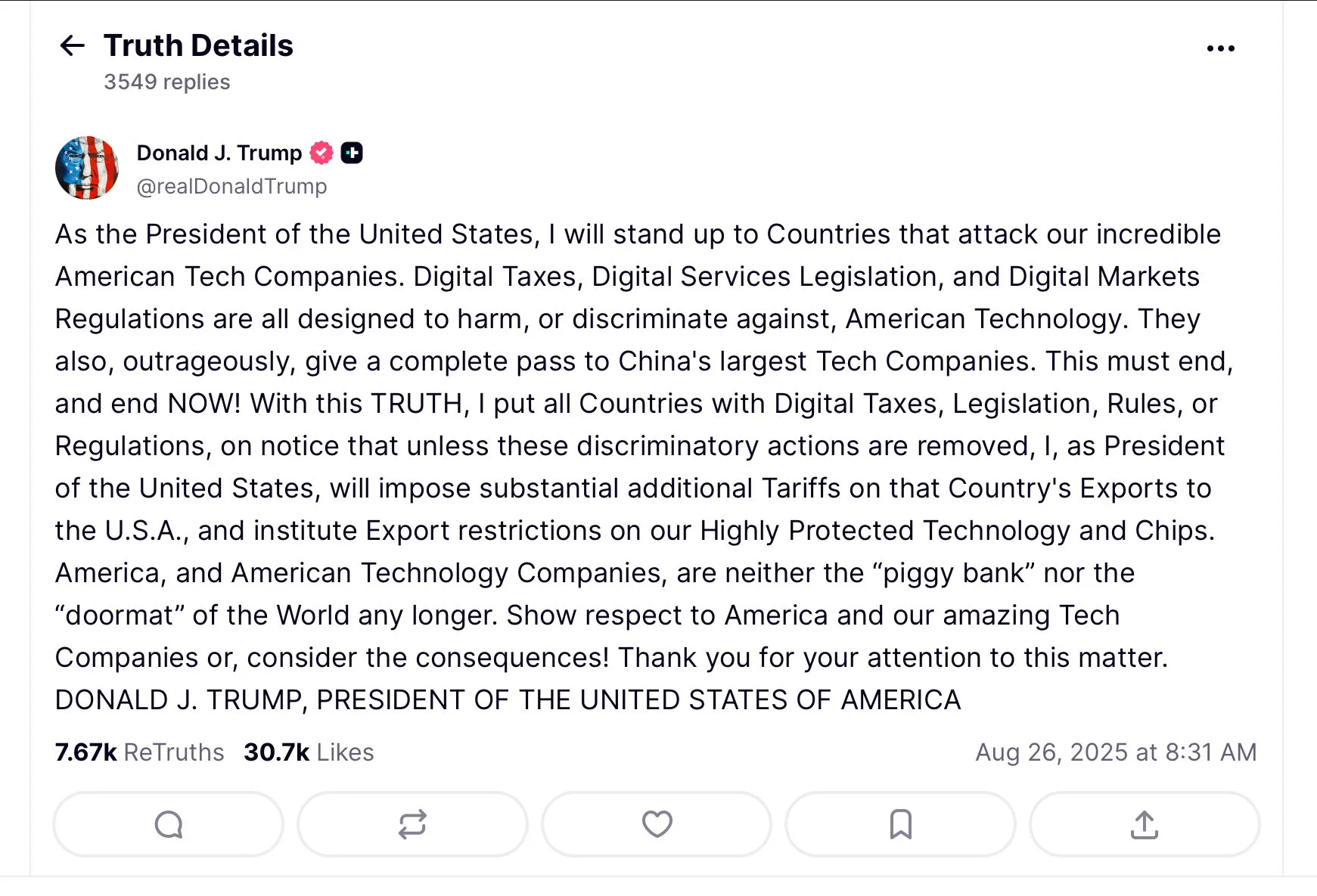 Trump threatens higher tariffs on countries with digital taxes that ‘discriminate’ American tech
