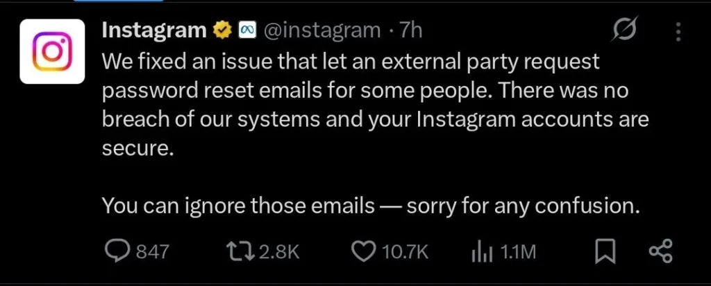 Instagram clarifies password reset scare, says no system breach occurred