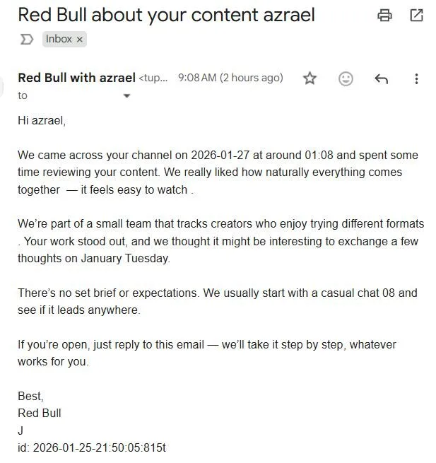 Content creator flags suspicious email posing as Red Bull outreach