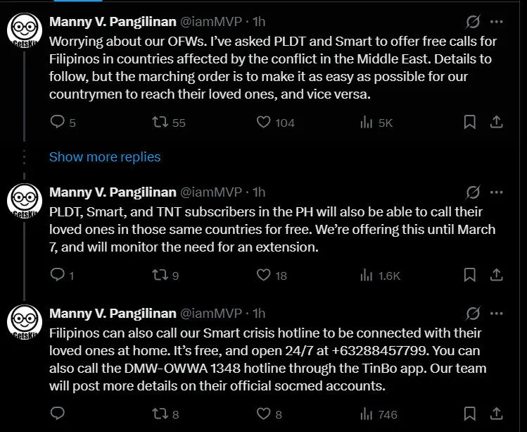 MVP asks PLDT, Smart to offer free calls for OFWs in Middle East conflict zones