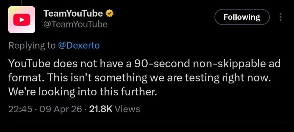 YouTube denies reports of 90-second unskippable ads on TV app